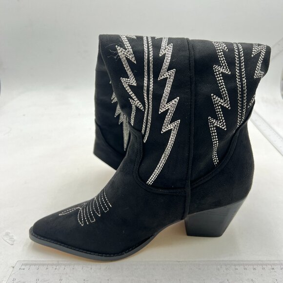 FOWT Black Pointed Toe Knee High Boots Chunky High Heel Embroidery Cowboy Boots - Picture 2 of 8